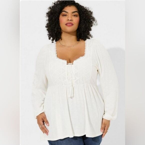 Torrid Super Soft Slub Sweetheart Lace Up Peplum long sleeve off white Top 2X - Picture 1 of 8